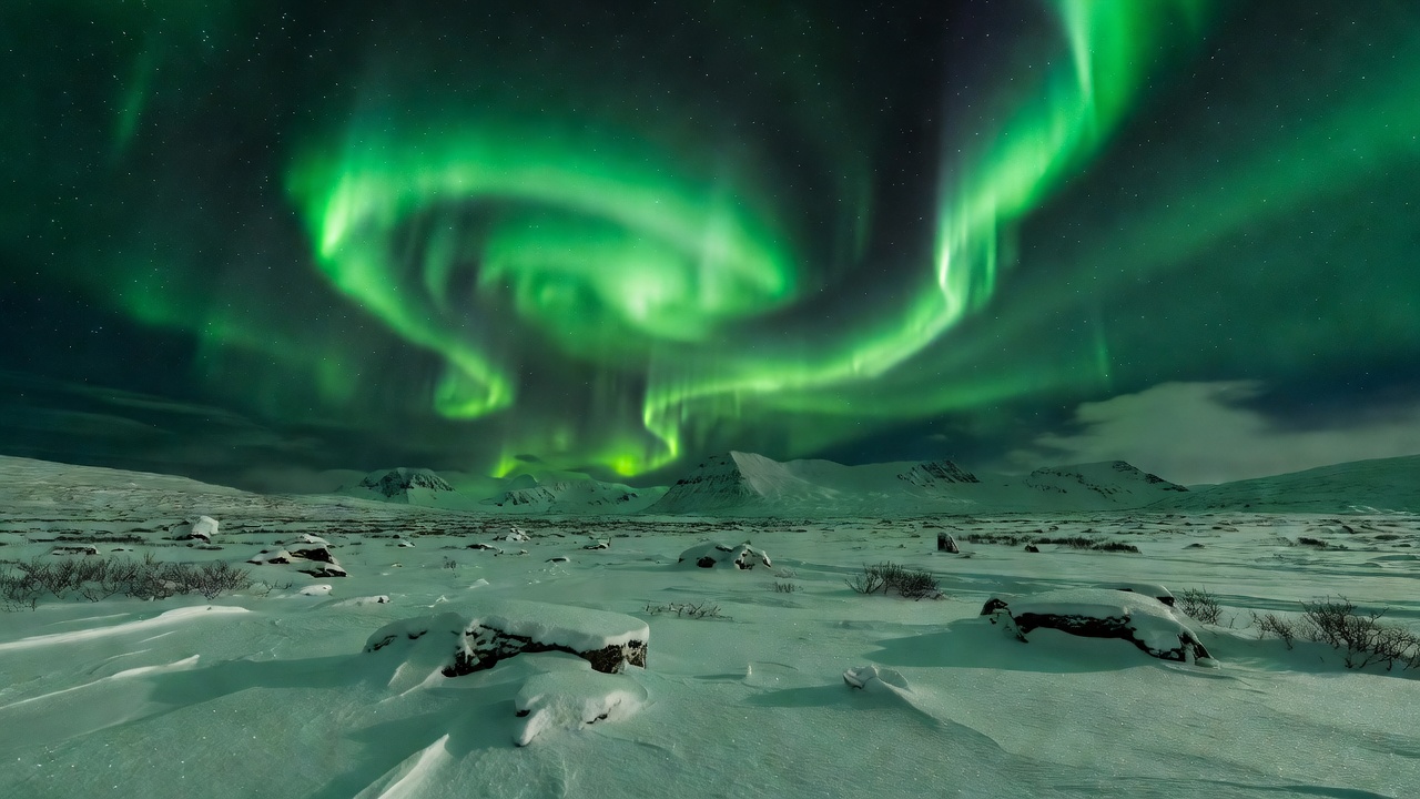 Dazzling luminous green aurora curtains shimmering over a snowy arctic wilderness
