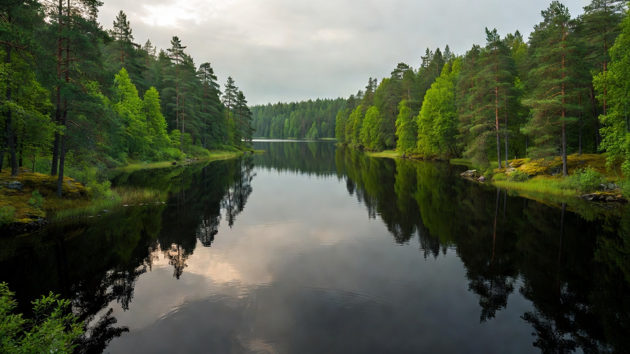 Lake Saimaa calm dark waters surrounded by lush green pine forests