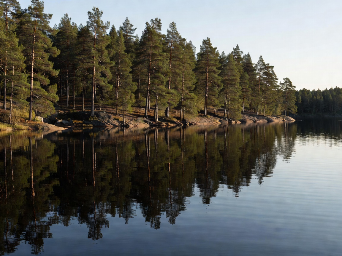 Lake Saimaa shoreline with dark green pines reflecting in deep water