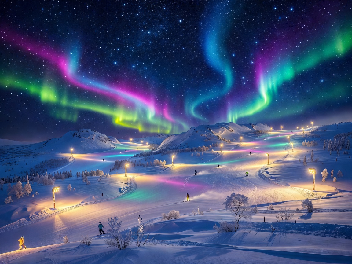 Levi Ski Resort slopes lit up under neon starry arctic night