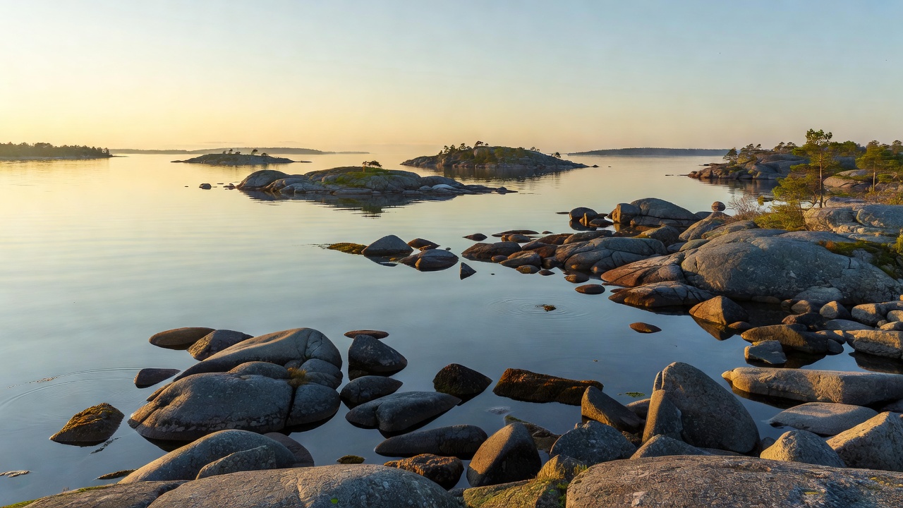 Rocky shoreline and tranquil water of the Finnish Archipelago Sea