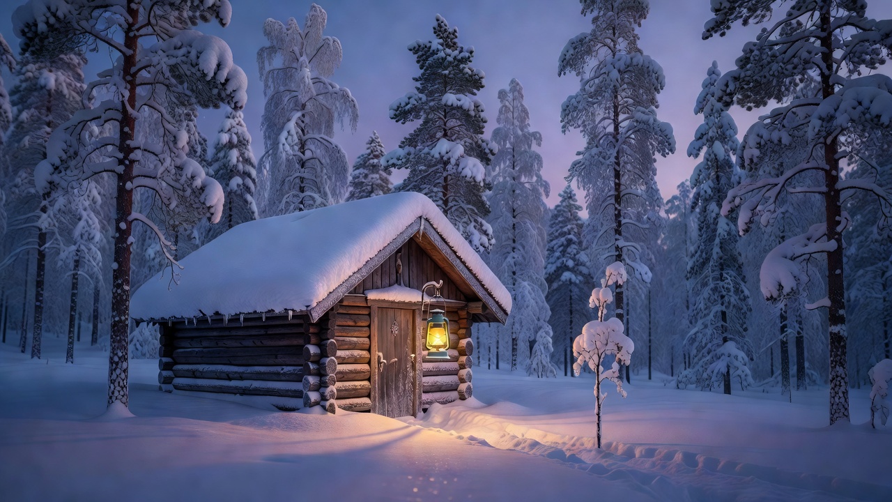 Snow covered wooden cabin and glowing lantern in winter forest of Rovaniemi Lapland