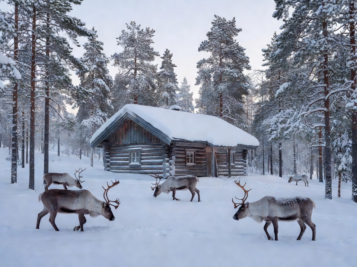 Snowy pine forest cabin and reindeer in Rovaniemi Lapland