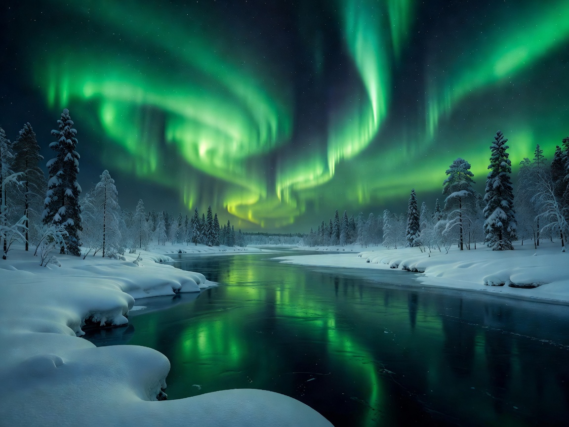 Vibrant green northern lights shimmering over a frozen arctic river in Finland
